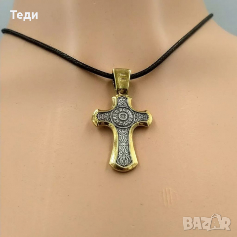 Двулицев сребърен кръст с 24 Карата позлата, с Христос, снимка 5 - Колиета, медальони, синджири - 36160421