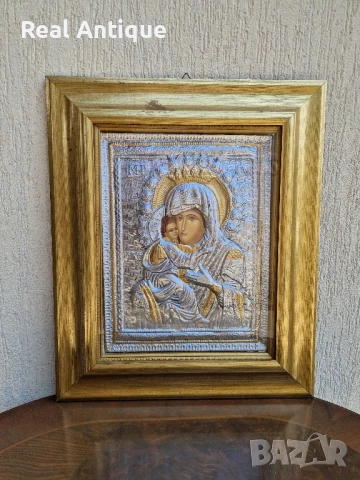 Прекрасна голяма антикварна сребърна икона със сертификат и маркировка 
