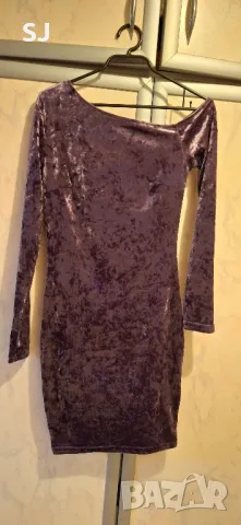 Дамска лилава елегантна рокля с паднало рамо, размер S, снимка 3 - Рокли - 49890784