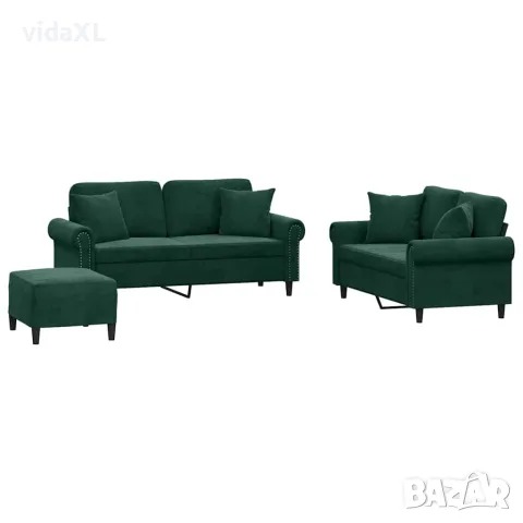 vidaXL Комплект дивани 3 части с възглавници, тъмнозелен, кадифе