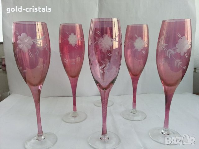 Ретро стъклени чаши гравирани цветно стъкло, снимка 3 - Антикварни и старинни предмети - 33817854