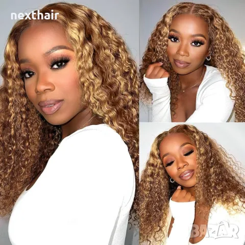 Естествена медено руса къдрава перука лейс фронт дантела 50 см, снимка 2 - Аксесоари за коса - 47834903