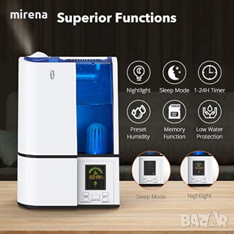 Oвлажнители за голяма спалня, 4 л тиха работа, LED дисплей с хигростат, снимка 7 - Овлажнители на въздух - 52376400