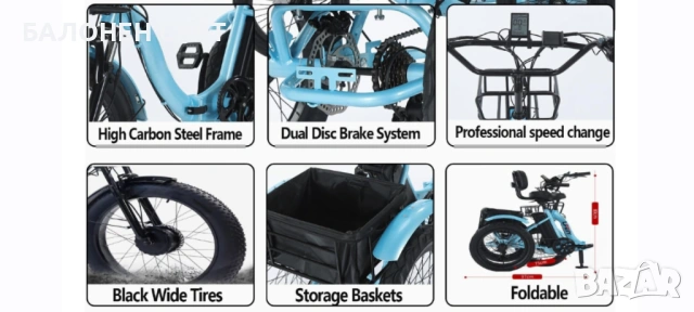 Нов модел 2026 Компактна Сгъваема Унифицирана Електрическа Триколка - ХИБРИД с педали, снимка 3 - Велосипеди - 53867339