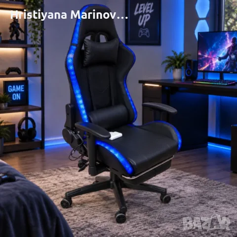 Комплект геймърско бюро с LED осветление и аксесоари и геймърски стол с RGB LED осветление и дистанц, снимка 5 - Бюра - 56143075