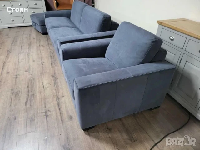 Сив комплект от плат диван тройка с функция сън, фотьойл и табуретка, снимка 7 - Дивани и мека мебел - 50886943