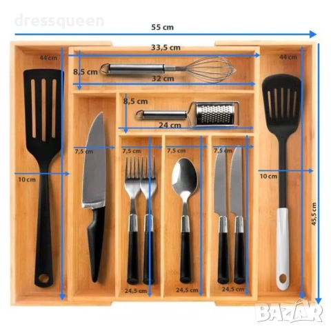 4729 Универсален разделител за прибори от бамбук – Регулируем размер с допълнителни секции, снимка 6 - Други - 53779283