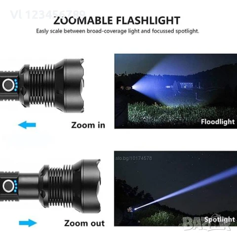 Мощен прожектор XHP90 тактически лед фенер P90 зареждане USB, снимка 2 - Оборудване и аксесоари за оръжия - 50693268