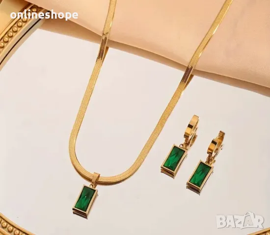 Комплект бижута със зелен цирконий 18к златно покритие - Колие и обеци, снимка 5 - Бижутерийни комплекти - 49138244