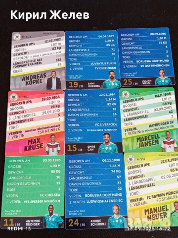 Колекционерски картички на футболисти ЕМРЕ ДЖАН, МАРСЕЛ ИАНСЕН, АНТОНИО РУДИГЕР 51005, снимка 16 - Колекции - 51702049