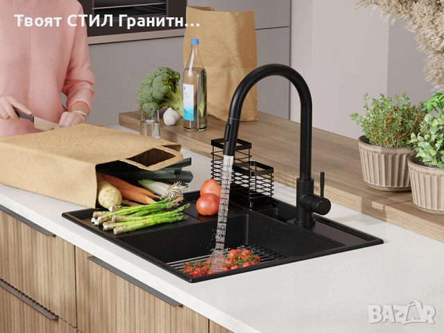Черна гранитна кухненска мивка Сидни 620-45 Pocket Ergo Multilevel, снимка 12 - Мивки - 53813012