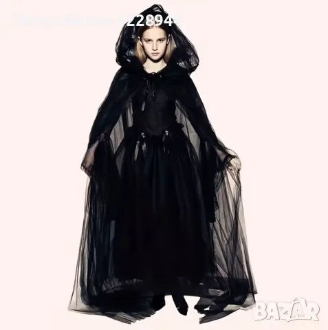 Черно наметало плащ с качулка от тюл за Хелоуин Halloween парти костюм вещица вампир 