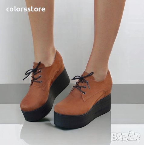 Обувки на платформа - кафяв велур с черно ходило - 120K