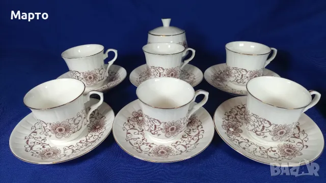 Български костен порцелан, 5 чашки, 5 чинийки, захарничка с капаче, снимка 6 - Чаши - 50188940