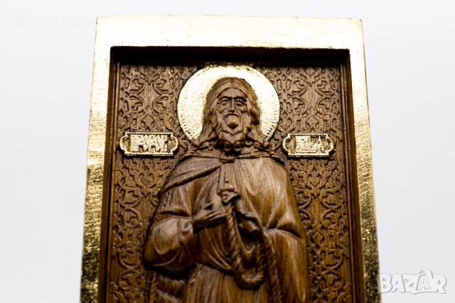 Позлатена икона на пророк Илия от масивен дъб с детайли от злато, снимка 6 - Икони - 53224822