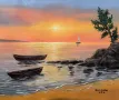 Морски залез и лодки в морето маслена картина , снимка 1