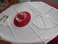 Бяла ленена бродирана покривка за маса с 6 луксозни салфетки, снимка 4