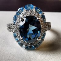Прекрасен Сребърен 925 пръстен с Родиево покритие и Натурални сини Топази и Циркони!, снимка 5 - Пръстени - 44360969