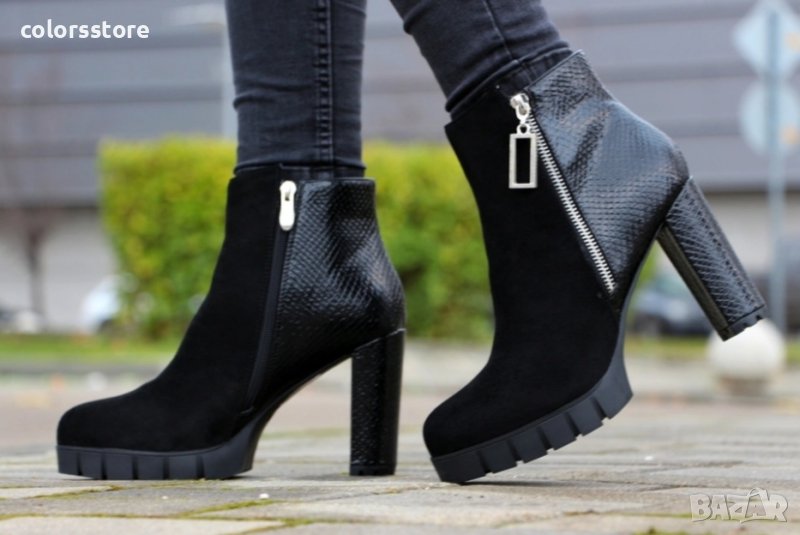 Боти на ток - черна кожа и велур - Q2AX5288-6, снимка 1