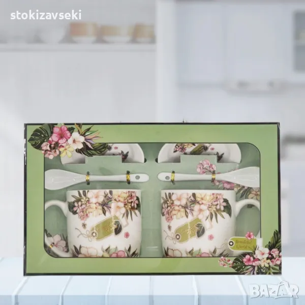 Комплект две чаши с лъжички и чинийки в зелени нюанси, снимка 1