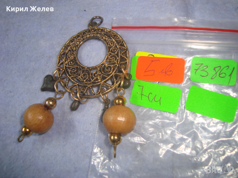 МЕСИНГОВ ФИЛИГРАНЕН СТИЛ АРТ НУВО МЕДАЛЬОН с ДЪРВЕНИ ТОПЧЕТА ВИСУЛКИ 73861, снимка 1