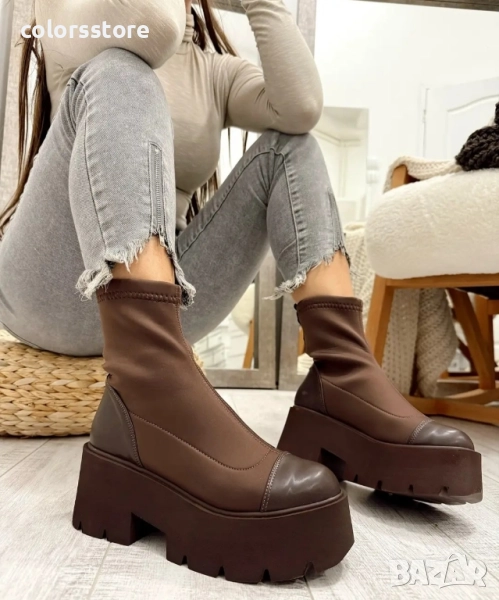 Боти на платформа - кафяв неопрен и кожа - LT50 , снимка 1