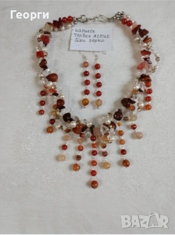 Ръчно изработена дамска огърлица и обеци, карнеол, яспис, перли, снимка 1