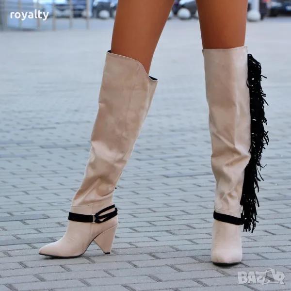 Ботуши на ток - бежов велур, снимка 1