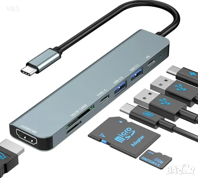 USB C хъб 7 в 1, USB C многопортов адаптер, 4K HDMI, 100W PD, SD/TF четец на карти, USB 3.0/C порт , снимка 1