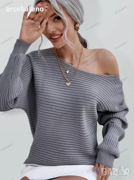 Дамски моден едноцветен секси свободен пуловер с дълъг ръкав и кухи външни рамена - 023, снимка 1