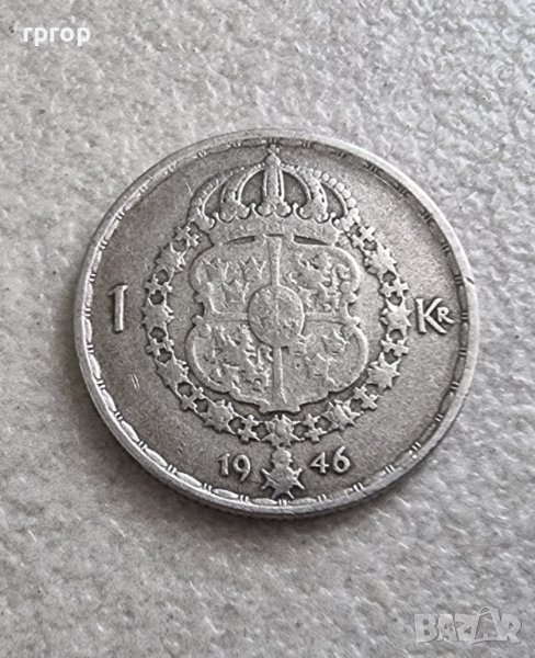 Монета. Сребро. Швеция. 1 крона. 1946 година., снимка 1