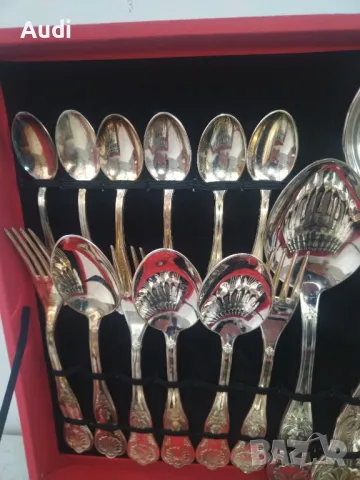 Италиански посребрени прибори за хранене.  Комплекта е в кутия и е за 12 души. Всички прибори са мар, снимка 7 - Прибори за хранене, готвене и сервиране - 49322634