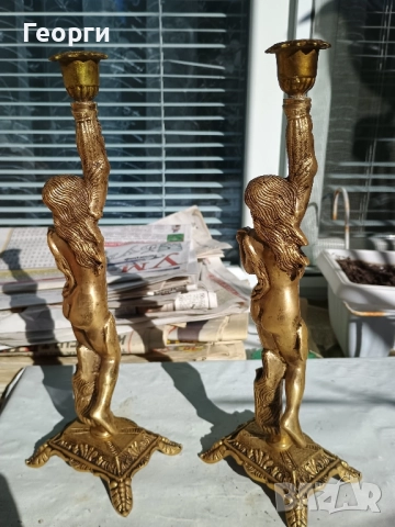 Чифт бронзови свещници 30 см., снимка 4 - Антикварни и старинни предмети - 52220798