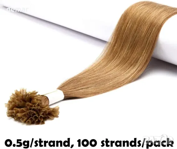 16" Pre Bonded Human Hair Extensions U-tip с кератин – 100% Remy, 0.5g x 200 нишки, 100g (прави), снимка 3 - Продукти за коса - 55777214