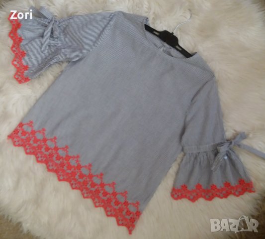 УНИКАЛНА риза в ситно синьо-бяло райе с английска бродерия в неоново розов цвят, снимка 1