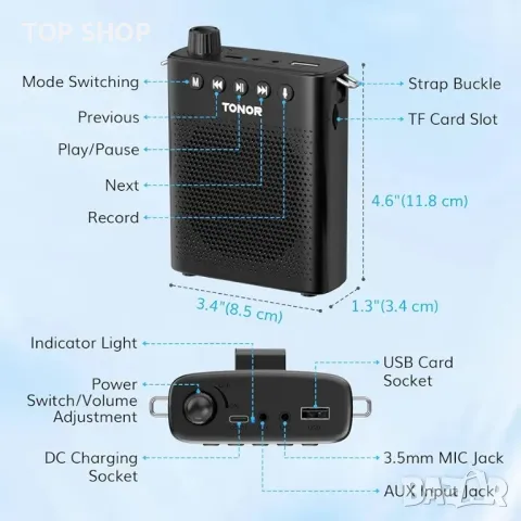 Преносим гласов усилвател TONOR за учители, мини акумулаторна микрофонна система, снимка 3 - Аудиосистеми - 48787251
