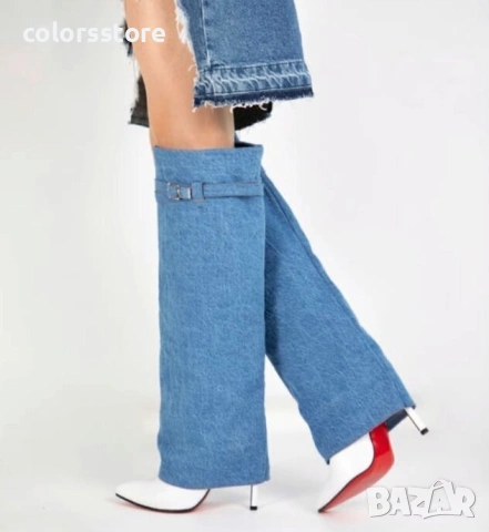 Ботуши на ток - деним и бяла кожа - KD100