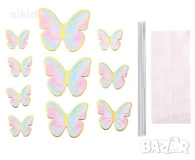 10 пеперуди картонени златен контур на тел шарени топери украса декор за торта, снимка 9 - Други - 40388341