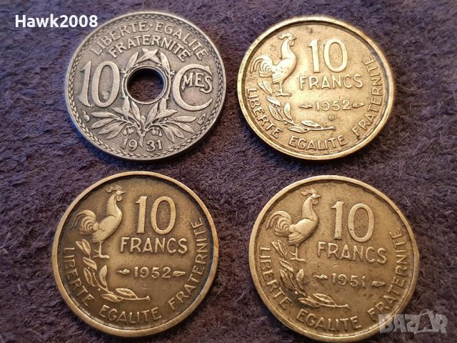 10 сантима 1933 10 франка 1951 1952 Френски Франция лот 4 броя, снимка 2 - Нумизматика и бонистика - 41372786