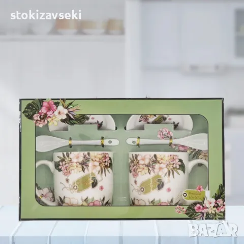 Комплект две чаши с лъжички и чинийки в зелени нюанси, снимка 1