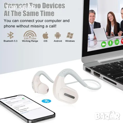 Слушалки Seflorgo Bluetooth 5.3 с отворено ухо със свалящ се магнитен шумопотискащ микрофон, бежови, снимка 4 - Bluetooth слушалки - 49805295