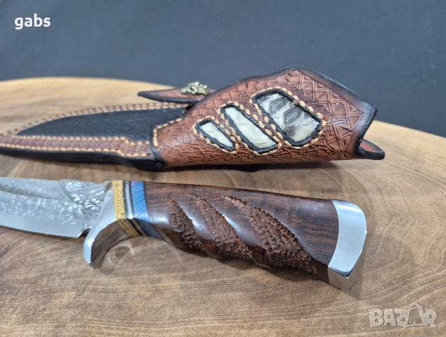 Ръчно изработен ловен нож дамаска стомана с кожена кания LN432, снимка 8 - Ножове - 52943469