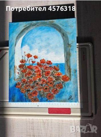 Акварелна картина ''Маковете на прозореца'', снимка 3 - Картини - 51499106