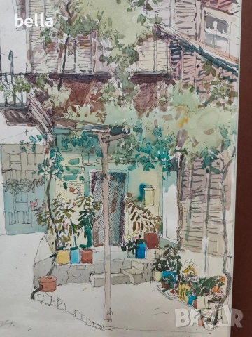 Стар  акварел с паспарту ,смесена техника на Вл.Мански само акварела е с размери 38/45 см., снимка 3 - Антикварни и старинни предмети - 53677297