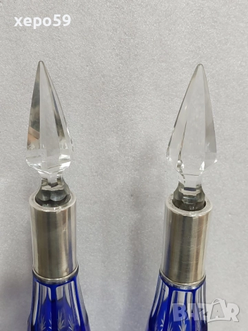  Прекрасни кристални бутилки за ликьор със сребърни гривни''Бохемия кристал-1900 год.сребро 800, снимка 6 - Сервизи - 52815053