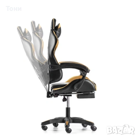 Черен геймърски стол с златисти акценти и разтегляема поставка за крака, снимка 8 - Столове - 53240012