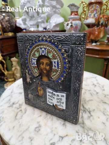 Прекрасна антикварна руска икона с емайл, снимка 5 - Икони - 51061200