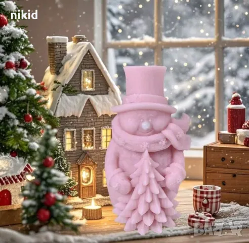 3D голям снежен човек с елха и шал силиконов молд форма фондан шоколад смола гипс свещ декор сапун, снимка 3 - Форми - 48525542