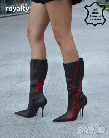 Ботуши на ток - кафяво и червено ЕСТЕСТВЕНА кожа, снимка 2 - Дамски ботуши - 52282537