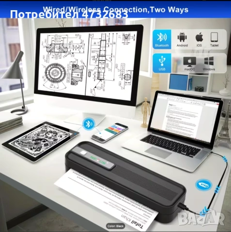 Преносим термален принтер NETUM – без мастило, 203dpi, 2600mAh батерия, Bluetooth и USB, снимка 3 - Принтери, копири, скенери - 53611559
